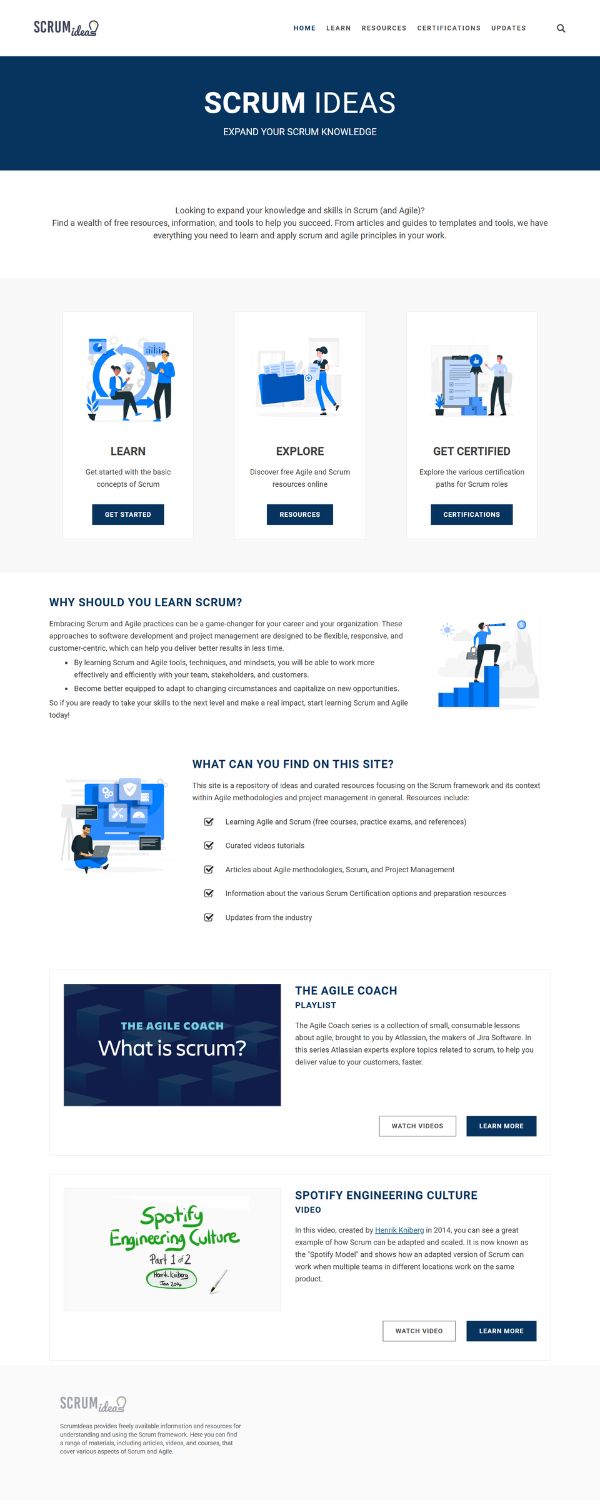 Screenshot of the Scrum Ideas homepage